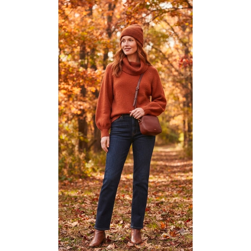 Anthropologie Rust Orange Cowl Neck Balloon Sleeve Knit Sweater Medium